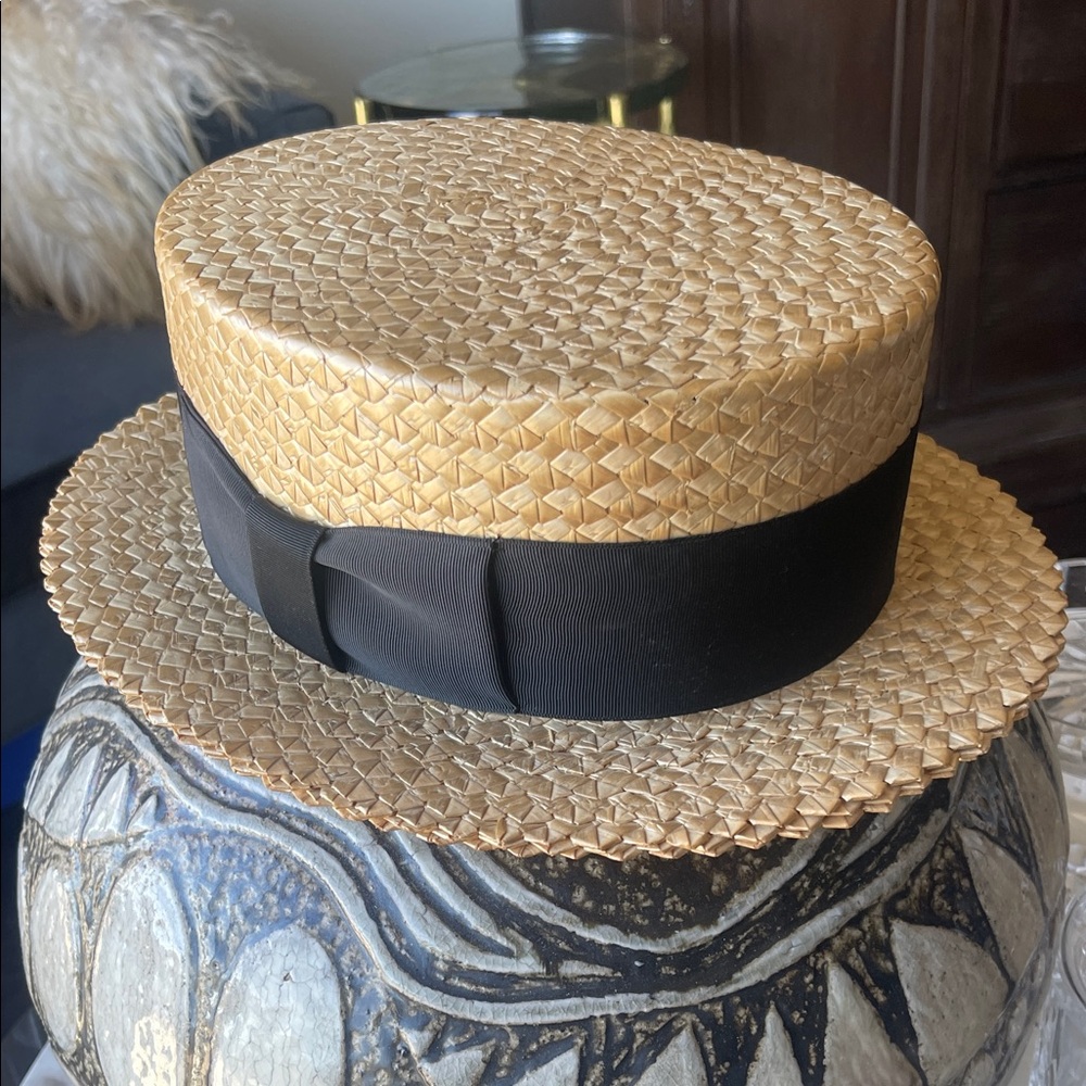 Vintage Barcelona Straw Boater Hat with Black Ribbon